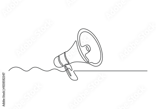 Public horn speaker in one continuous line drawing. Megaphone announce symbol of marketing promotion in simple linear style. Business concept for attention and job offer vector illustration