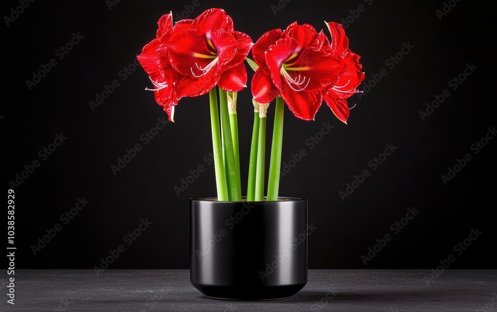 Vibrant red amaryllis flowers in a sleek black pot against a contrasting dark background. Vibrant red amaryllis flowers in a sleek black pot against a contrasting dark background.