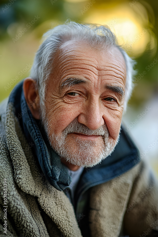 Happy senior man with grey hair and beard smiling at camera standing over urban background. Outside portrait of pensioner male.