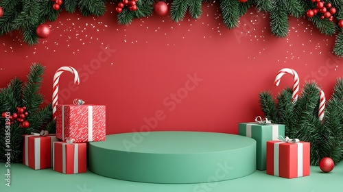 Festive Christmas Podium with Presents Candy Canes and Snowfall in 3D