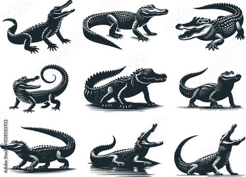 Set Of Alligator Logo Icon Silhouette Symbols Clipart, Alligator Crocodile Logo Concept, Collection Of Alligator Tattoo Design