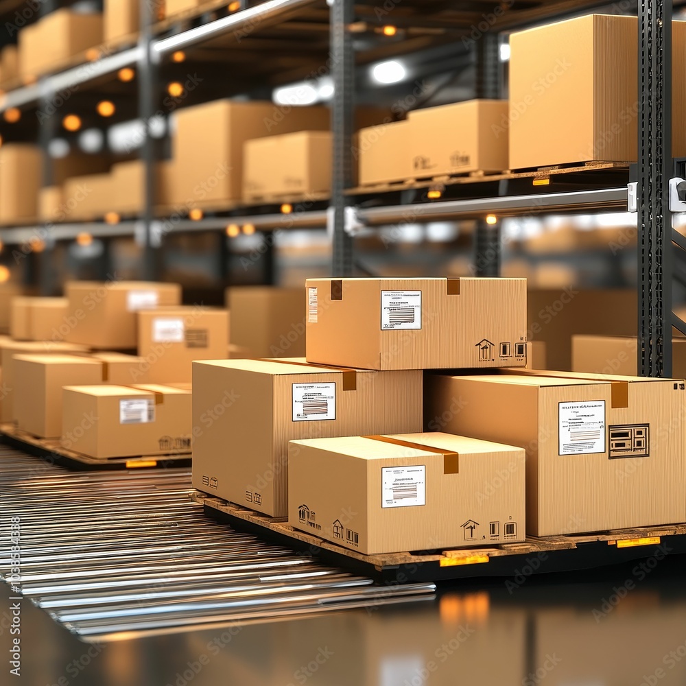 A busy warehouse filled with neatly stacked cardboard boxes on pallets, highlighting an organized storage space. A busy warehouse filled with neatly stacked cardboard boxes on pallets, highlighting an organized storage space.