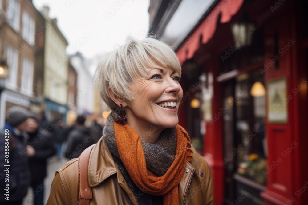 Portrait of smiling middle-aged woman in a city street. Portrait of smiling middle-aged woman in a city street.
