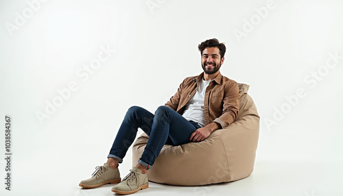 A middle-aged Caucasian man with short dark hair and a beard, wearing a brown jacket, white shirt, and blue jeans, sitting on a beige bean bag chair