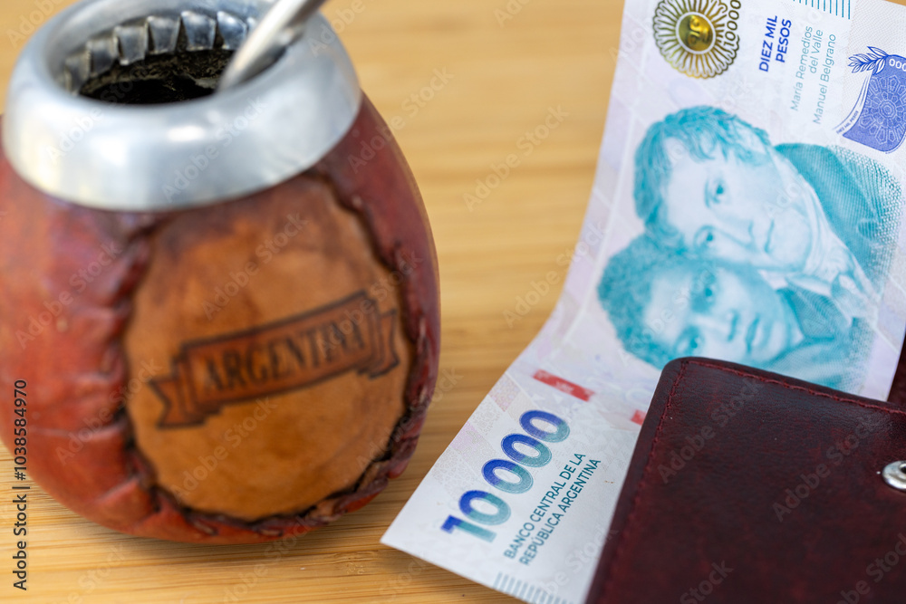 Argentine banknote 10,000 pesos and matero with yerba mate. Business financial concept, close up
