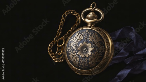 Vintage pocket watch with floral design and golden chain on a dark background