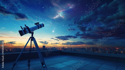 A sophisticated telescope setup on a quiet rooftop terrace, Telescope and astronomy tools precisely positioned, Modern observational style