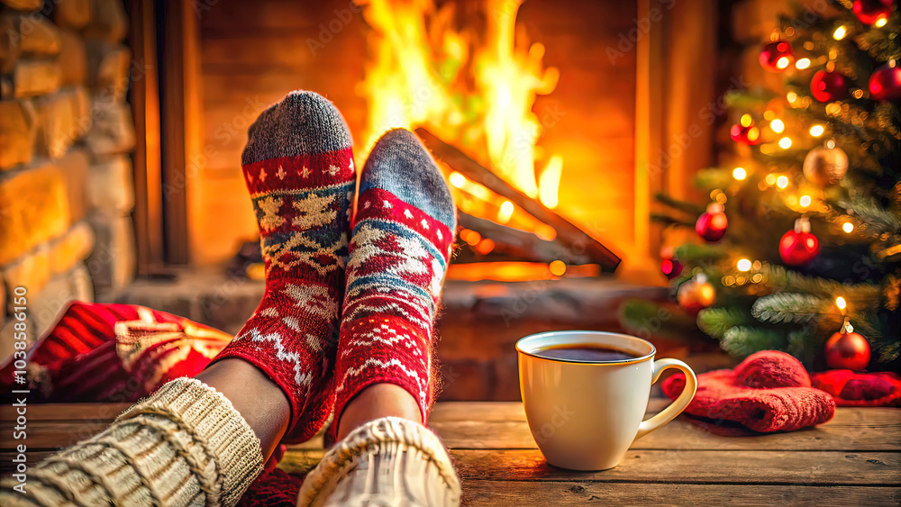 warm wool socks by the christmas fireplace. woman relaxing by the warm fire, sipping hot drinks and warming her feet in wool socks. winter and christmas holidays