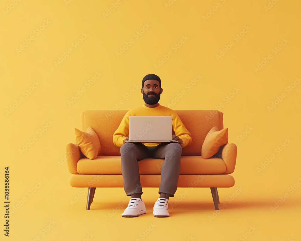 3D character of a man sitting on a sofa with a laptop, against a orange background. 3D character of a man sitting on a sofa with a laptop, against a orange background.