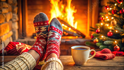 Obraz na płótnie warm wool socks by the christmas fireplace. woman relaxing by the warm fire, sipping hot drinks and warming her feet in wool socks. winter and christmas holidays w salonie