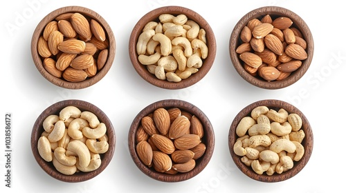 Assortment of Premium Mixed Nuts in Wooden Bowls with Vibrant Colors and Precise Detailing