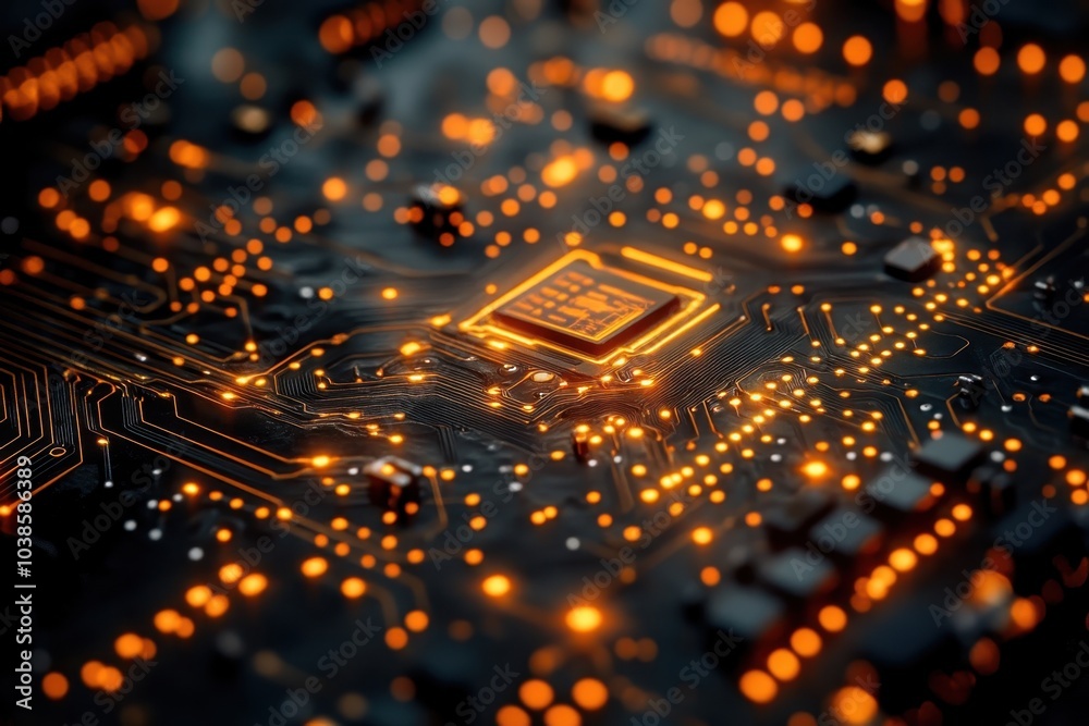 Close-up view of a computer circuit board with glowing components at night