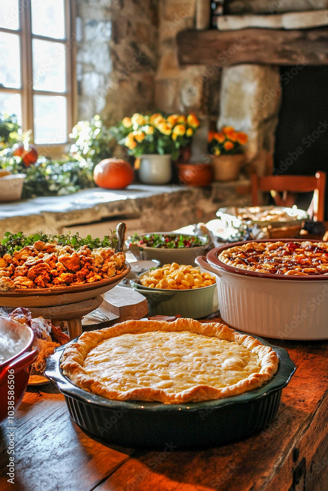 a table filled with lots of food sitting on top of a wooden table