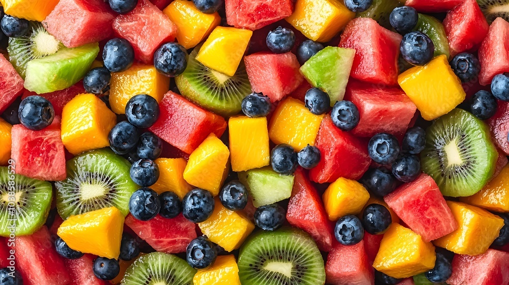 Vibrant Fruit Platter with Watermelon Kiwi Mango and Blueberries in Top Down View Vibrant Fruit Platter with Watermelon Kiwi Mango and Blueberries in Top Down View