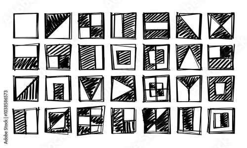 Twenty Eight Miscellaneous Square Hand Drawn Bauhaus Objects. Doodles and Squiggles. Vector Set