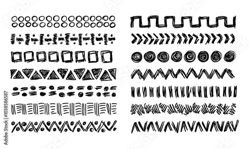 Fourteen Hand Drawn Linear Ornaments in Ethnic Style. Doodles and Squiggles. Vector Set.eps