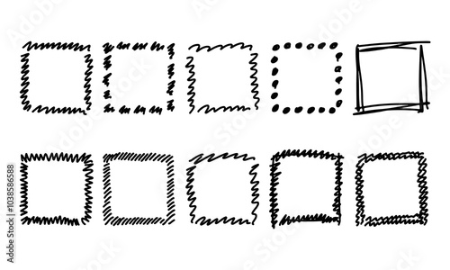 Ten square hand drawn frames and strokes. Doodles and squiggles. Vector set