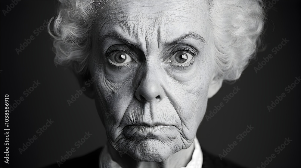 Intense Elderly Woman with Furrowed Brows in Dramatic Black and White Portrait
