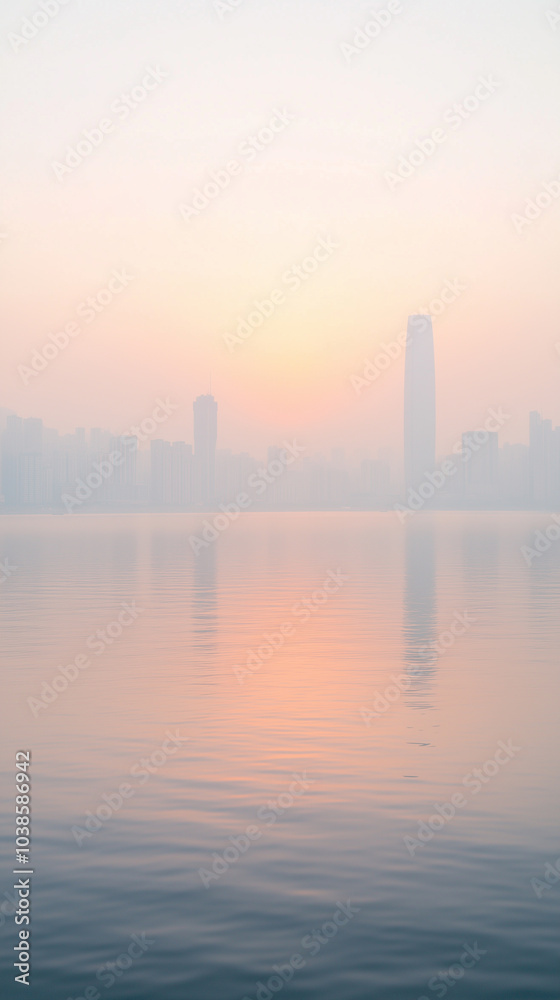 Naklejka premium Faint city skyline obscured by soft smog