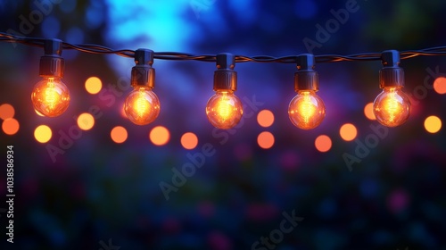 holiday illumination and decoration concept, Christmas garland bokeh lights over dark blue background 