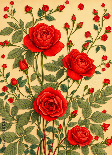 Elegant Climbing Red Rose Vintage Botanical Art