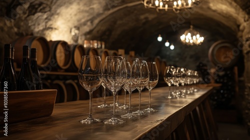 A sophisticated wine tasting area in a quaint cellar, Wine glasses and bottles meticulously positioned, Rustic viniculture style
