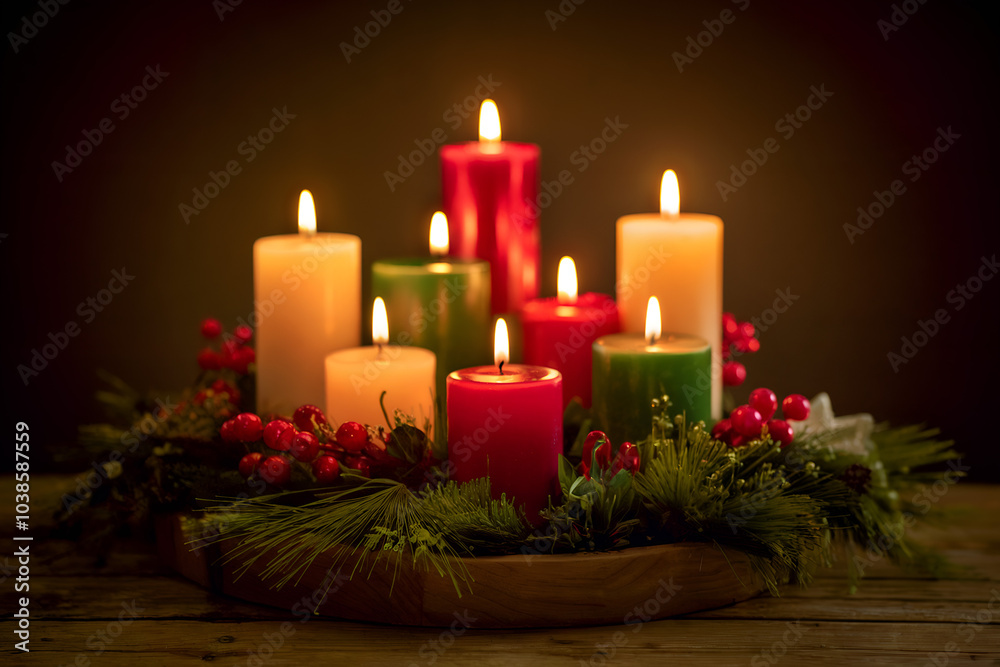 Christmas candle arrangement with warm glow on a dark background Christmas candle arrangement with warm glow on a dark background