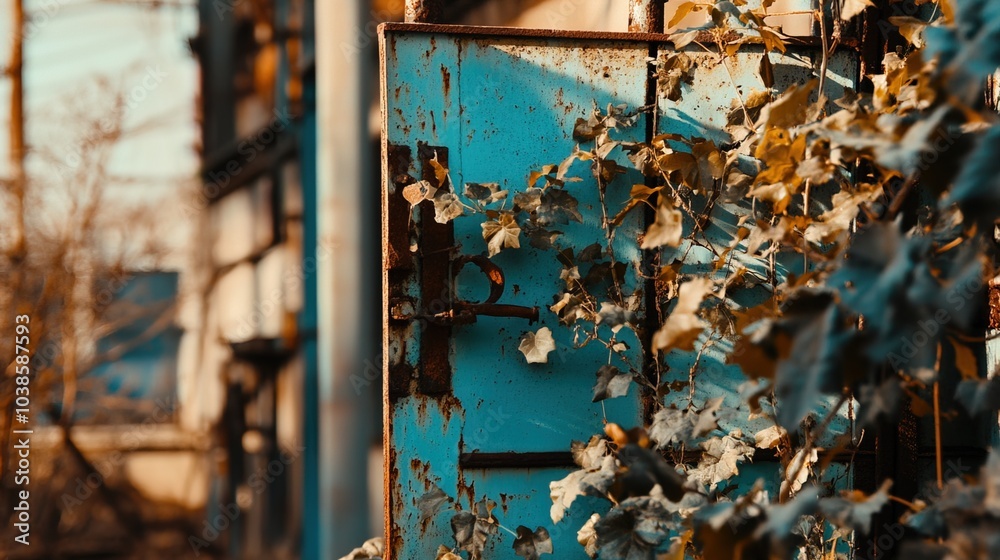 Closed factory gates with rusting metal and faded paint, symbolizing the decline of industry and the passage of time, reflecting a poignant reminder of economic shifts and the human impact of change Closed factory gates with rusting metal and faded paint, symbolizing the decline of industry and the passage of time, reflecting a poignant reminder of economic shifts and the human impact of change