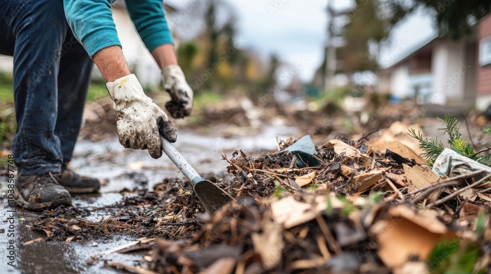 Obraz premium A person cleaning up debris after a storm, showcasing resilience and recovery efforts in the face of destruction