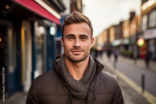 Portrait of a handsome young man in a city street. Men's beauty, fashion.