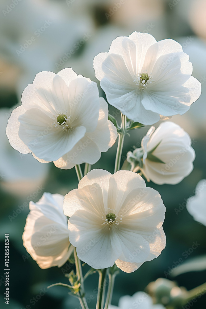 Delicate white flowers bloom gracefully, showcasing soft petals against a blurred green background. Delicate white flowers bloom gracefully, showcasing soft petals against a blurred green background.