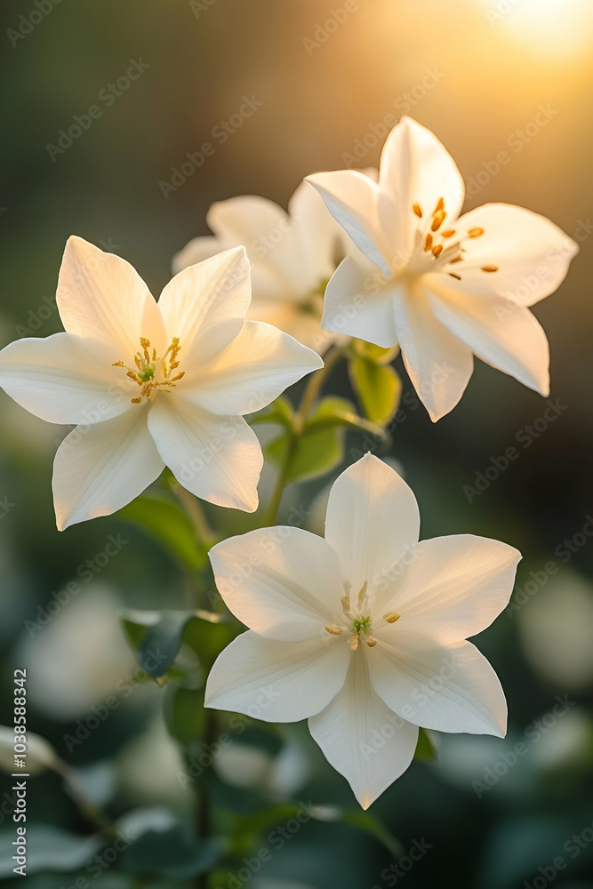 Delicate white flowers bloom softly in the sunlight, showcasing their elegant petals and vibrant green leaves against a serene background. Delicate white flowers bloom softly in the sunlight, showcasing their elegant petals and vibrant green leaves against a serene background.