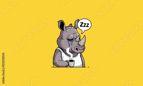 Sleepy rhino holding a cup of coffee.