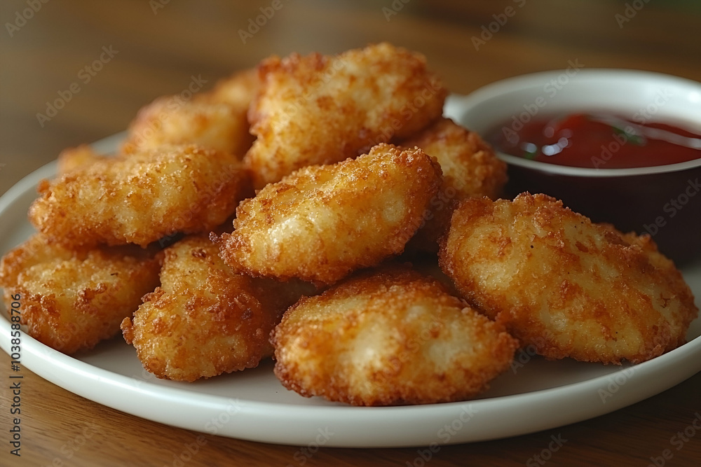 A plate of crispy, golden fried nuggets served with a side of ketchup, perfect for snacking or enjoying as a meal. A plate of crispy, golden fried nuggets served with a side of ketchup, perfect for snacking or enjoying as a meal.