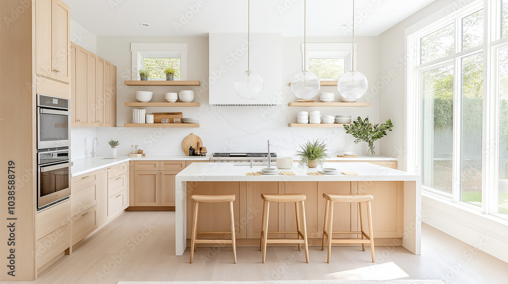 photorealistic, professional photography, modern honey oak cabinets in a transitional kitchen, photorealistic, professional photography, modern honey oak cabinets in a transitional kitchen,