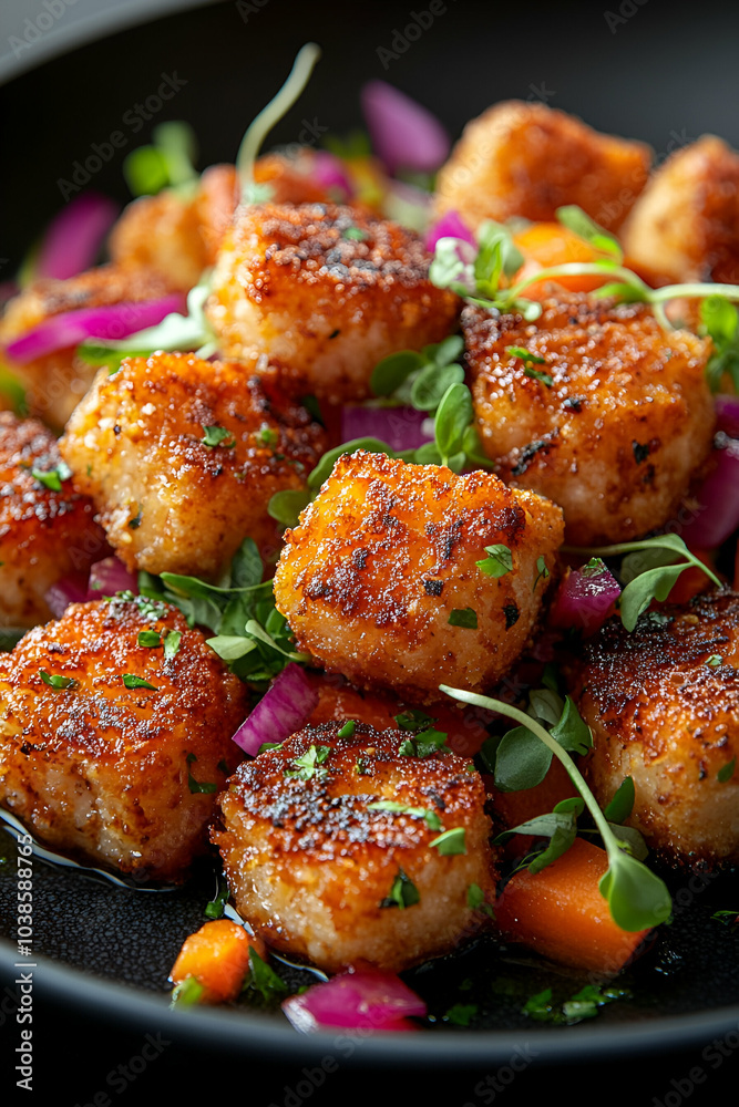 Crispy, golden-brown tofu cubes served with colorful vegetables, creating a vibrant and appetizing dish. Crispy, golden-brown tofu cubes served with colorful vegetables, creating a vibrant and appetizing dish.