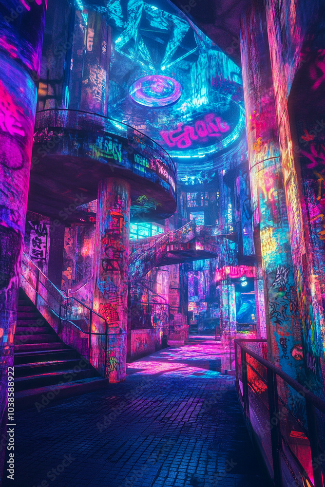 A vibrant urban scene featuring a graffiti-covered building with neon lights in shades of pink, blue, and purple, creating a futuristic and artistic atmosphere.
