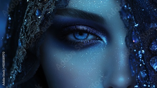 The image features a close-up of a woman's face, focusing on her expressive eye. The eye is adorned with dramatic makeup that emphasizes its brightness, showcasing shades of blue and a shimmering qual photo