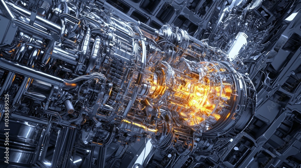 Obraz premium Futuristic Spaceship Engine Room with Glowing Reactors and Engineers in Sci-Fi Environment Ray Tracing Illustration