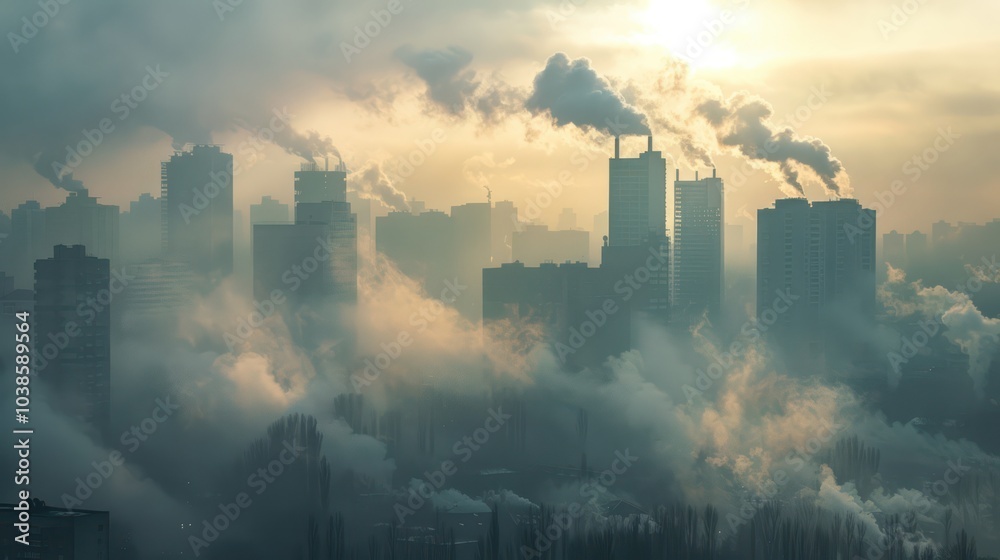 Obraz premium A cityscape covered in thick pollution, showcasing the impact of climate change on air quality in urban areas