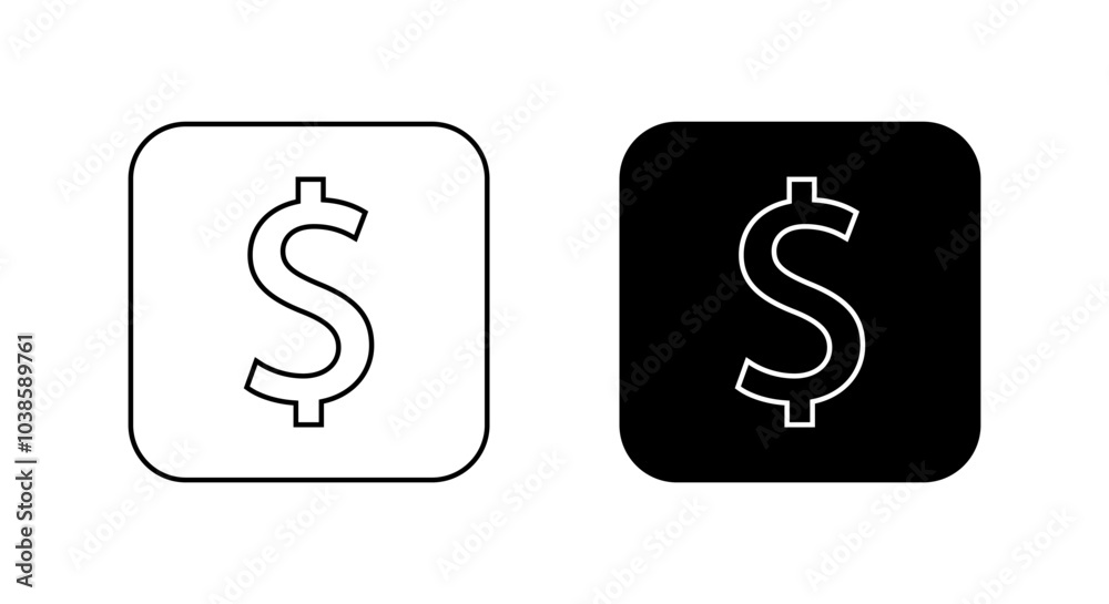 US dollar line icon on black square. USD earning sign symbol US dollar line icon on black square. USD earning sign symbol