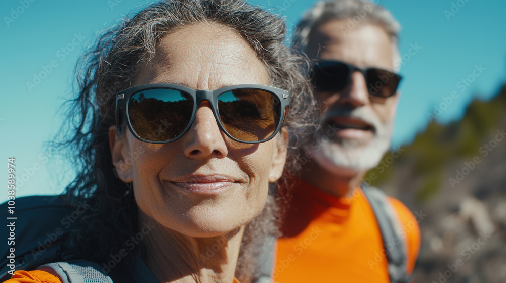happy middle aged couple enjoys sunny hike in nature, wearing sunglasses and bright orange shirts. Their smiles reflect joy of outdoor adventures together happy middle aged couple enjoys sunny hike in nature, wearing sunglasses and bright orange shirts. Their smiles reflect joy of outdoor adventures together