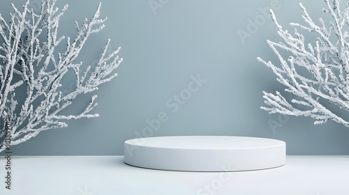 Frosted Winter Podium with Snowy 3D Background