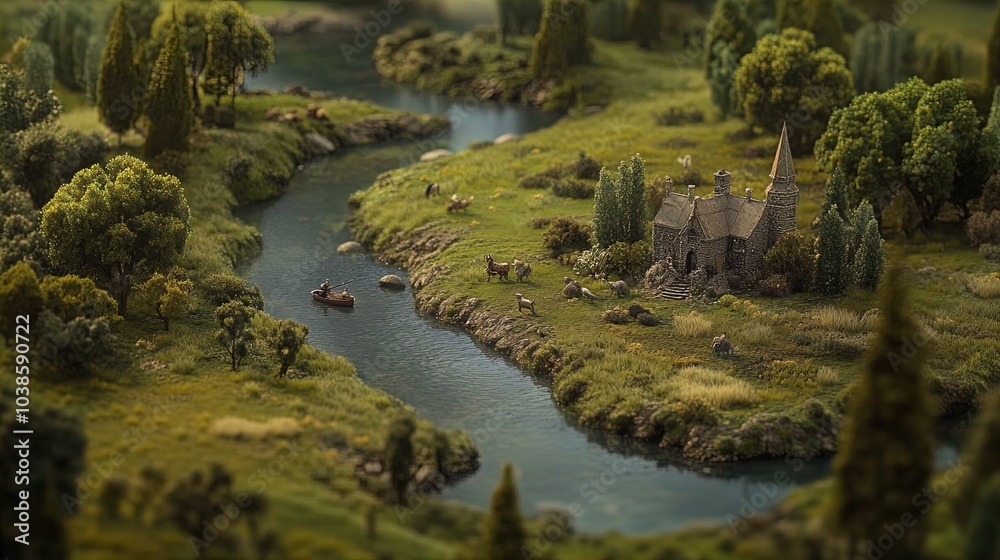 A serene landscape showcasing a tranquil river winding through lush greenery and rolling hills. In the foreground, there's a small stone cottage with a pointed roof, surrounded by dense trees and vibr A serene landscape showcasing a tranquil river winding through lush greenery and rolling hills. In the foreground, there's a small stone cottage with a pointed roof, surrounded by dense trees and vibr