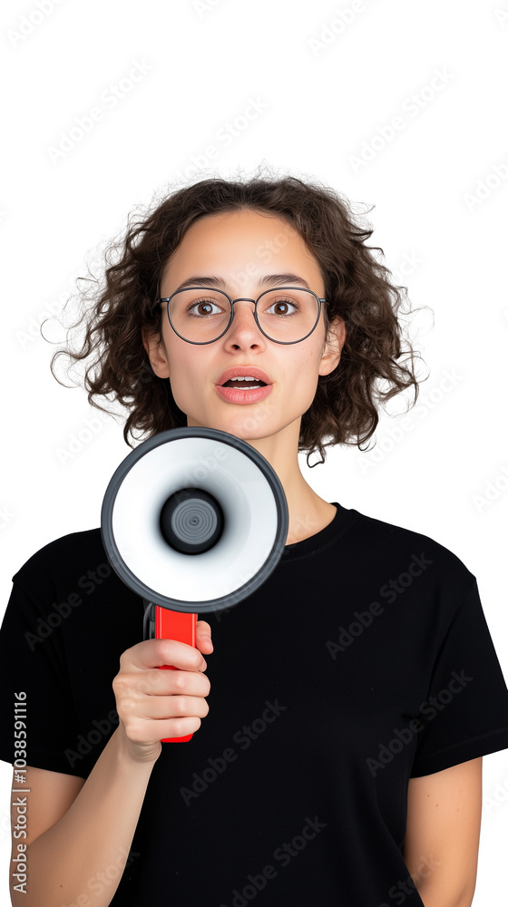Young woman with glasses holding megaphone and looking surprised on transparent background Young woman with glasses holding megaphone and looking surprised on transparent background