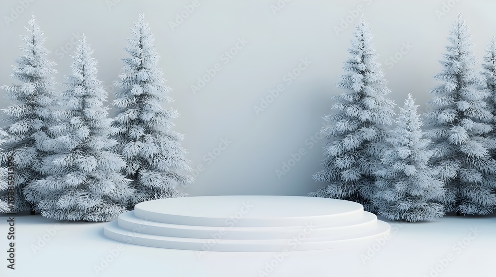 Obraz premium Snowy Pine Tree Podium in Frosty 3D Landscape