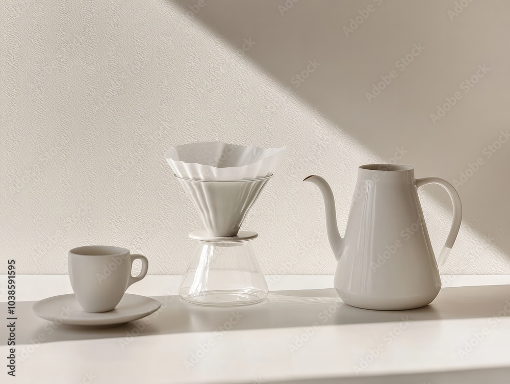 A minimalist pour-over setup with a glass carafe, a white ceramic dripper, and a gooseneck kettle, arranged on a clean, light-colored countertop, perfect for a simple and refined brewing process A minimalist pour-over setup with a glass carafe, a white ceramic dripper, and a gooseneck kettle, arranged on a clean, light-colored countertop, perfect for a simple and refined brewing process