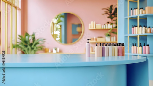 Bright Blue Cosmetic Product Display in Modern Interior