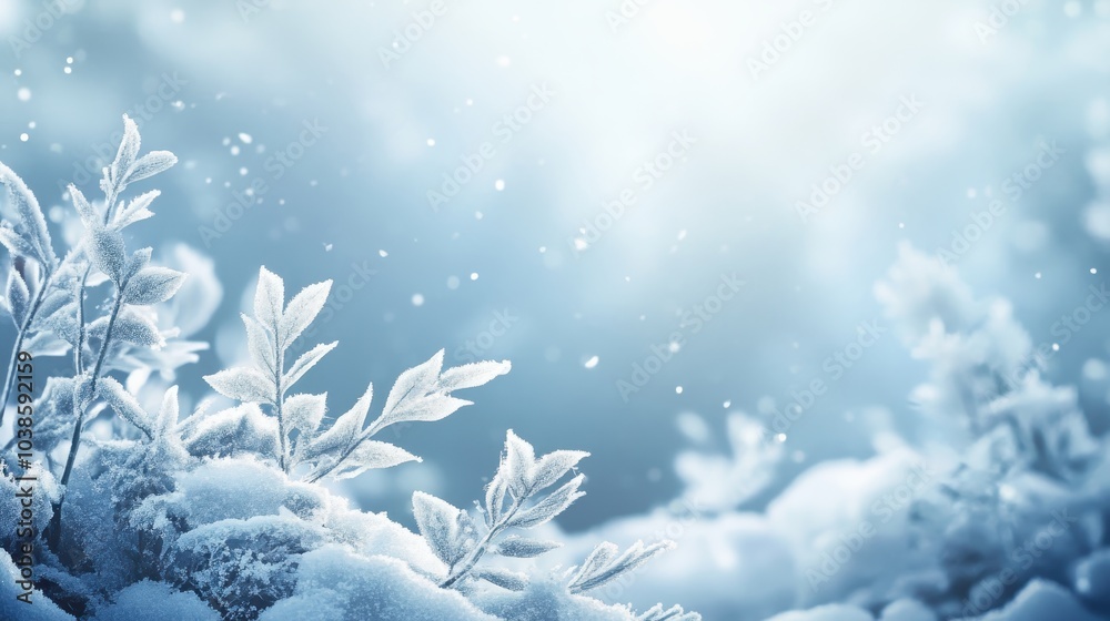 Frost-covered leaves and branches with a snowy background, creating a serene winter scene Frost-covered leaves and branches with a snowy background, creating a serene winter scene