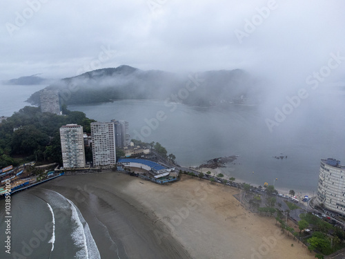 Coastal city on a cloudy day with drone photography, Santos and São Vicente photo